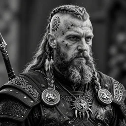 a cinematic view of wide bw photo from a very ornated old shavo odadjian viking, half shaved haircut, braided beard, showing nordic tattoos in the head, scars in the face, feather earing, using leather armour with necklace of claws, marvelous expression, photorealistic, volummetric light, detailed, texturized, zeiss lens high professional mode