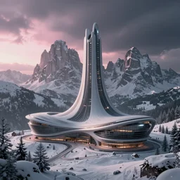 futuristic atmosphere in the snowy mountains dolomites 3 d concept art, cinematic lighting, pastel pink sunset, rule of thirds, depth of field, intricate details, building by zaha hadid, stormy weather, emissary space by arthur haas and bruce pennington and john schoenherr, cinematic matte painting, dark moody monochrome colors, trending on artstation, featured on behance