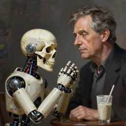 an i robot playing with a puppet skull, portrait, intricate, elegant, volumetric lighting, scenery, digital painting, highly detailed, artstation, sharp focus, illustration, concept art, luis rollo, ruan jia, steve mccurry, john berkey