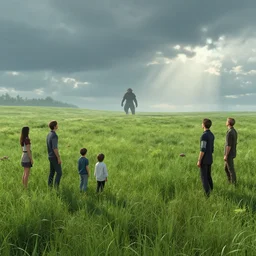 A beuatiful meadow with a giant creature walking in the far distance by Greg Rutkowski, Sung Choi, Mitchell Mohrhauser, Maciej Kuciara, Johnson Ting, Maxim Verehin, Peter Konig, final fantasy , 8k photorealistic, cinematic lighting, HD, high details, atmospheric,