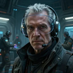 highly detailed closeup portrait of a wise cyberpunk spacecraft engineer with visor at the spaceship docks, engineers working at the background, cyberpunk, moody, luminescent, rule of thirds, golden ratio, ambient lighting, syd mead, greg rutkowski, wlop, artgerm, artstation, highly detailed masterpiece
