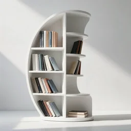 photo of white bookshelf shaped like a spiral on white background