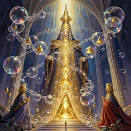 vivid dream of the regal archwizard contains multiple intertwined ascending timelines made of iridescent bubbles and golden triangles, academic hyperdetailed illustration, trending on ArtStationHQ, hyperdetailed DnD painting by Dariusz Zawadski and Greg Rutkowski and James Gurney