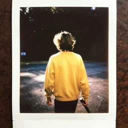 instax polaroid film photo of a young man with messy medium length light brown hair and a yellow sweater walking away from the camera with a bat, zoomed out, warm, nostalgia, faded glow, expired film analog photography, grainy texturized dusty, saturated colorized
