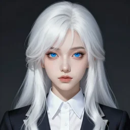 portrait of a mysterious girl white silver hair and blue eyes wearing formal clothes, symmetrical face, perfect face details, digital painting, trending on artstation, deviantart, artgem, perfect composition, ross draws, wlop