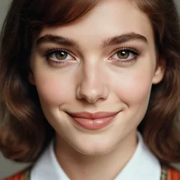 “ beautiful brown hair model close up wearing shirt and skirt, soft smile, 1 9 6 0 ’ s fashion, 1 5 0 mm f 2. 8, extreme close up face shot, skin texture, hasselblad, photo by brian ingram, david lazar, lisa kristine, steve mccurry, high quality, symmetrical face, clear skin, 4 k, studio and dramatic lighting ”