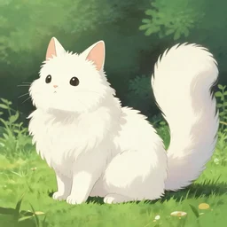 bunny - cat hybrid with long curly white fluffy fur and extra long tail, by hayao miyazaki