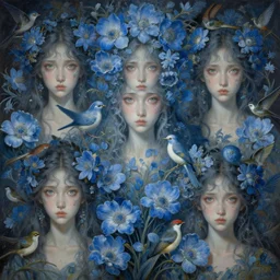 breathtaking detailed concept art painting pattern of goddesses of light blue flowers with anxious piercing eyes and blend of flowers and birds, by hsiao - ron cheng and john james audubon, bizarre compositions, exquisite detail, extremely moody lighting, 8 k