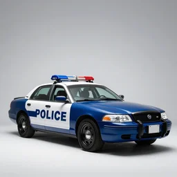 sapphire blue police car, professional product shot, isolated on a pure white background, centered, entire object in frame, sharp focus, soft studio lighting