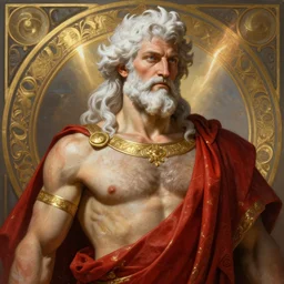 painted portrait of rugged zeus, god of thunder, greek god, white hair, masculine, mature, handsome, upper body, red and gold, marble, muscular, hairy torso, fantasy, intricate, elegant, highly detailed, digital painting, artstation, concept art, smooth, sharp focus, illustration, art by gaston bussiere and alphonse mucha