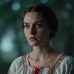 pretty ukrainian woman in dress in the style of movie stalker solaris film still by andrei tarkovsky, 8 k, 1 9 8 4, close - up bokeh, gelios lens, color, noir by terry o'neill
