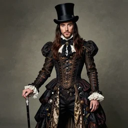 Fashion Editorial of actor Jared Leto in an Sandy Powell designed Victorian Era Steampunk dress, wearing a top Hat and holding a Silver Cane, photographed in the Style of Annie Leibovitz