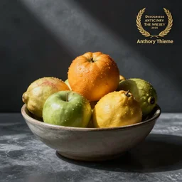 still life of a bowl of fruit. art by anthony thieme.