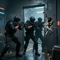 a cyberpunk SWAT team breaking down a door, futuristic, 8k, film still s- 150