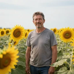 realistic, detailed photograph of a white - skinned farmer standing a field of sunflowers with a background of the sky
