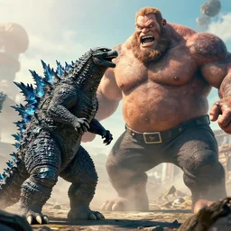 A great battle between Godzilla and a giant Ricky Berwick.