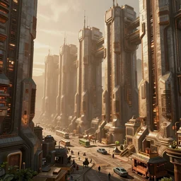 sci fi dystopian megacity made in blender, surrounded by huge impenetrable large walls, in the style of Ian hubert , high quality, lots of detail, futuristic, photoshop post process, realistic, warm lighting, warm atmosphere