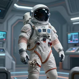 space suit broken with fur on it in a technologically advanced room, stylized, artgerm, artstation, hd, cgsociety, cgi, realistic, dramatic, cinematic, artistic, trending, detailed