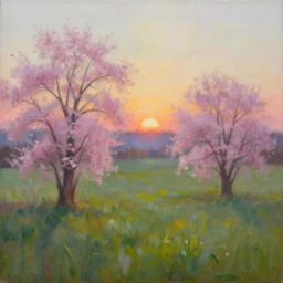 an extraordinarily beautiful oil painting of a landscape in spring during sunrise ; the most beautiful painting in the world ; by craig mullins