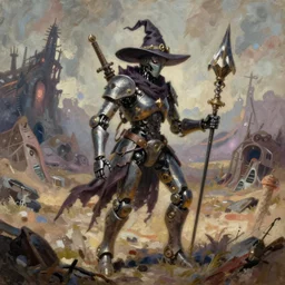 extremely detailed oil painting of a robotic witch knight scavenger in an apocalyptic fantasy wasteland art by Greg Rutkowski, trending on artstation