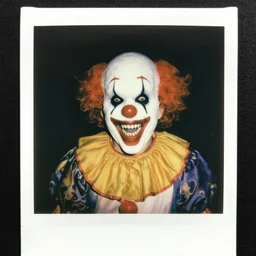 polaroid of scary clowns with gaping mouth and sharp teeth