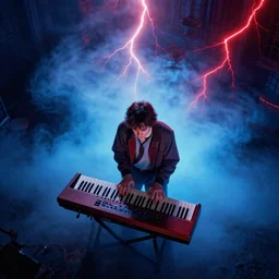 dwight schrute playing the keyboard dramatically, dramatic scene, volumetric blue fog, red lightning, ultra wide angle, movie still, photorealistic, stranger things, netflix, upside - down, colorful lighting, grainy, aerial shot, shot from above, movie still