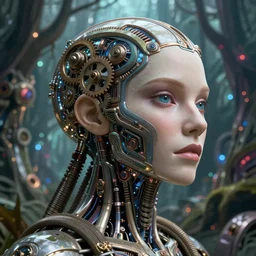 35mm portrait of a sophisticated intricate terminator woman's head on the background of a weird magical mechanical forest. Round gears visible in her head. Very detailed 8k. Fantasy cyberpunk horror. Sharp. Unreal 5 render with nanite, global illumination and path tracing. Cinematic post-processing
