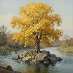 a highly detailed matte oil painting by greg rutkowski of a very tall tree with lots of golden leaves growing on a pile of rocks in the middle of a river.
