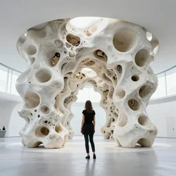 fluid mechanical bone pavillion, woman standing, architecture by zaha hadid - n 4