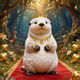 sea otter deity, fat figure, cute, elegant, furry, white, gold, warm, wearing a crown, bracelets and necklaces, red carpet, figure, realistic, hair detailing, background is heavenly, wonderland at night, the light in the deep forest full of mythical creatures of the picture, according to european art, golden sacred tree, golden apple, flower garden, hyper realistic render. den