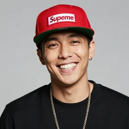 osho wearing a supreme cap and smiling with grillz