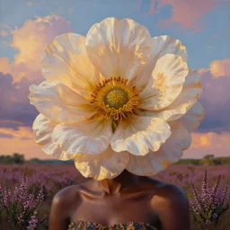 closeup, huge flower as the head, an african woman in the heather field, surreal photography, golden hour, colorful clouds, impressionist painting, digital painting, artstation, simon stalenhag