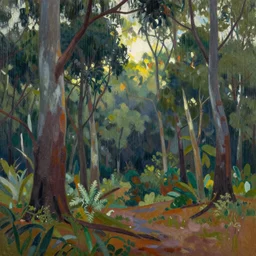 Boranup Forest in Western Australia painted in the style of Frederick McCubbin, after the rain, sun shining through trees