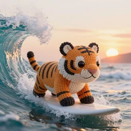 a closeup photorealistic photograph of a knitted cute tiger hippopotamus riding an epic wave during sunset. extreme texture. surf in the background. professional capture. brightly lit scene. this 4 k hd image is trending on artstation, featured on behance, well - rendered, extra crisp, features intricate detail, epic composition and the style of unreal engine.
