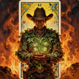 a beautiful dramatic epic ethereal symmetrical painting of a handsome cowboy holding a green plant in his hands | he is dark skinned and wearing a cowboy hat and is draped in ivy | background is an epic flames fire conflagration | tarot card, art deco, art nouveau | by Mark Maggiori | trending on artstation