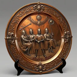 a copper platter with intricate embossing of medieval knights, prop concept, digital art, trending on artstation, by bob eggleton