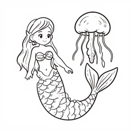 A mermaid floating with jellyfish, style colouring-in sheet