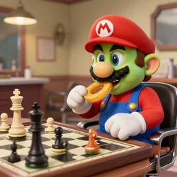 A goblin playing chess with Super Mario while eating onion rings in a barber shop, 1960s Cartoon, Highly Detailed