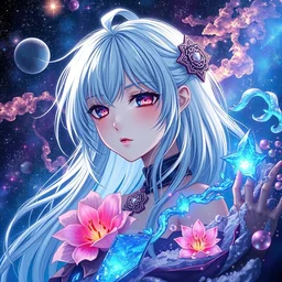 rei ayanami, deep space, seascape, grimes anime, silver hair, beautiful anime warrior, masterpiece by shikinami asuka langley, ernst haeckel, cosmos, psychedelic flowers, black opal, rainbow aura quartz, organic, oni compound artwork, of character, render, artstation, portrait, wizard, beeple, art, fantasy, epcot, psychedelic glitchcore