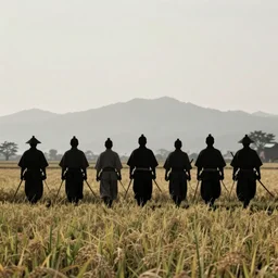 seven ronins walk through rice fields, medieval Japan, silhuets, movie 47 ronins 1941