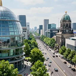 futuristic berlin with glass dome buildings, green alley, highways, trees, crowded city, hyperdetailed, artstation, cgsociety, 8 k
