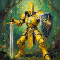 full body, attack position abstract painting in lush fantasy environment of a ornate holy mechanical warforged with circular glowing eye, character in yellow armor holding a legendary paladin engraved holy great longsword and carrying a huge heavy paladin shield, vertically flat head, face in focus, epic , trending on ArtStation, masterpiece,  cinematic lighting, by Ross Tran and by Greg Rutkowski and by Christopher Balaskas