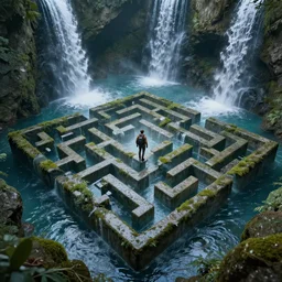 an explorer at the beginning of a stylized maze made of wate, deep underground waterfalls, photo real, ultra detailed, 8 k render