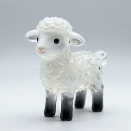 a cute and small transparent white blown crystal abstract statue toy in the shape of a little lamb with black transparent blown glass legs