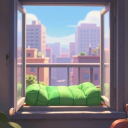 a sunny day in the city, fresh air from open window, cityscape, balcony, waist up, pixar and disney animation, sharp, rendered in unreal engine 5, anime key art, camping, sleeping bag