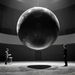 movie still of a mathematical room with a big flying sphere, cinestill 8 0 0 t black and white, by andrei tarkovsky, heavy grain, high quality, high detail, ultra wide lens, cinematic composition, dramatic light, lens flares, anamorphic