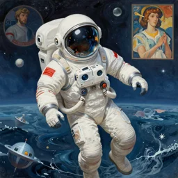 Spaceman lost in the ocean, space themed, highly detailed, digital painting, artstation, concept art, smooth, sharp focus, illustration, art by artgerm and greg rutkowski and alphonse mucha