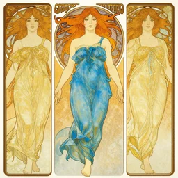 in the style of artgerm, arthur rackham, alphonse mucha, phoebe tonkin, symmetrical eyes, symmetrical face, flowing blue skirt, hair blowing, full body, five finger hands, intricate filagree, warm colors, cool offset colors