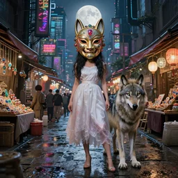 hyper realistic Princess Mononoke, ornate mask magic, wet market street, cyberpunk metropolis, city landscape, jewels, full body pose, full moon, wolf by her side, style of tom bagshaw, mucha, james gurney, norman rockwell, denoised, sharp