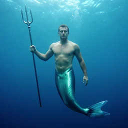 a merman, emerging from the ocean, trident in hand. their lower body should be vaguely fish - like, possibly covered in scales of some kind.